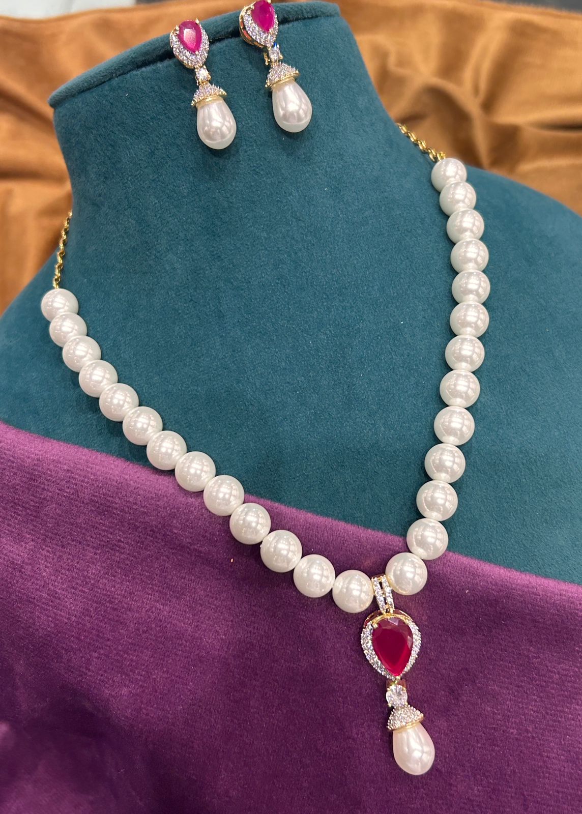 Classic Pearl Necklace Set with Ruby Pendant – Gold Finish